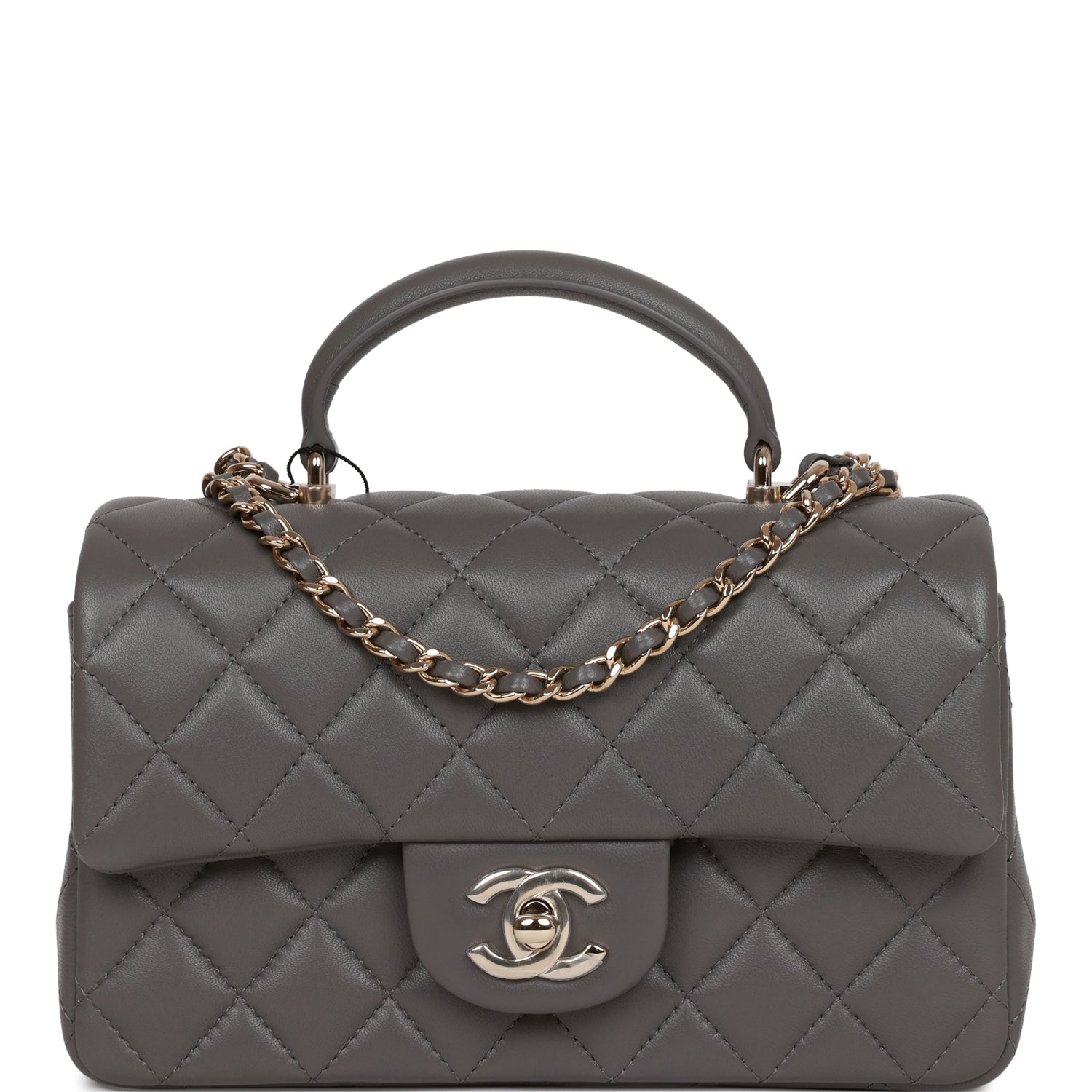 Mini Rectangular Flap Bag with Top Handle Dark Grey Lambskin Light Gold Hardware